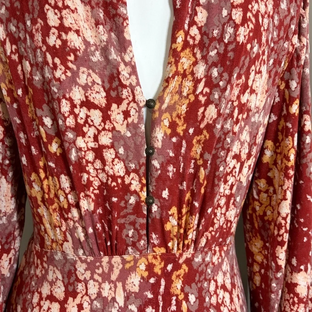 Free People Heartbeats Red Mini Dress Long Sleeve Rust Floral Mini Boho Sz M